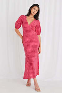 Amora Raspberry Gingham  Bias Midi Dress