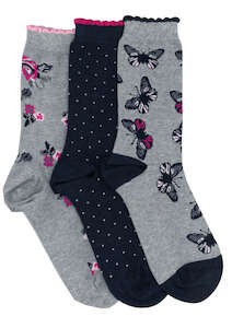 Hosiery: Women's Butterfly Floral Cotton Crew Pair Pack Columbine