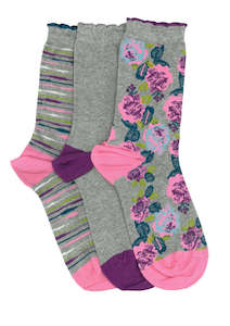 Women's Floral Stripe Cotton Crew 3 Pair Pack Columbine