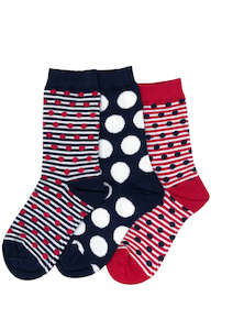 Kid's Dot Stripe Cotton 3 Pair Pack Crew Columbine