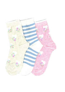 Kid's Floral Heart Cotton 3 Pair Pack Crew Columbine