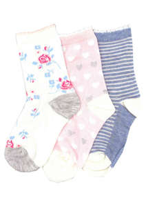 Kid's Pastel Floral Cotton 3 Pair Pack Crew Columbine