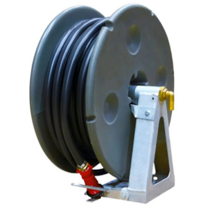 Plumbing: TTi poly hose reel kit with 36 m x 19 mm (3/4 inch) black wash hose and wash down nozzle