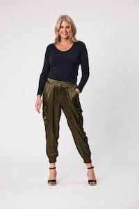 Jet Blonde Satin Cargo Pant Olive