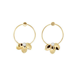 Gold Three Leaf Hoop + Pearl Earrings