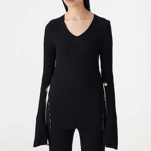 Bassike / Side Tie V-Neck Long Sleeve Top / Black