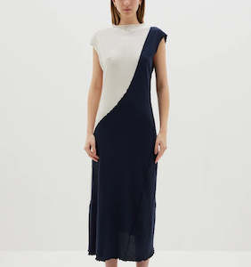 Bassike / Paneled Jersey Tank Dress / Blue Ink + Off White