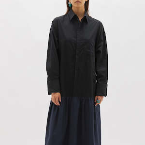 Bassike / Contrast Gathered Shirt Dress / Black + Ink