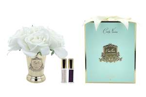 Perfumed Flowers: Cote Noire Seven Rose Bouquet in White - Gold Goblet - Tiffany Jade Box - SMC06