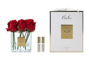 ** LIMITED ** Cote Noire Couture 9 Rose Buds - Square Clear Vase Gold & Red - SVC904