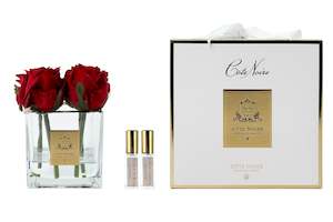 NA: ** LIMITED ** Cote Noire Couture 4 Rose Buds - Square Clear Vase Gold & Red - SVC404