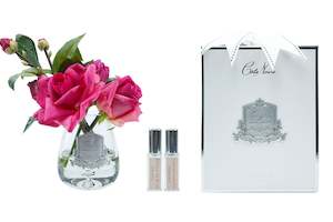 Perfumed Flowers: Cote Noire Tea Rose Bouquet - Clear Tear Drop Glass - MAGENTA - TR08