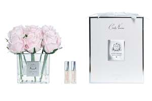 Cote Noire Couture 9 Rose Buds - Square Clear Vase Silver & French Pink - SVS906