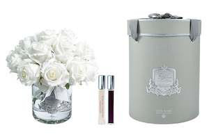 Cote Noire Luxury Grand Rose Bud Bouquet - White - Silver Badge - LRB01