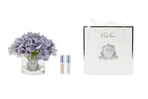 COTE NOIRE HYDRANGEAS IN ROUND VASE - BLUE - SILVER BADGE - GMH05