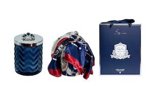 Limited Edition Candles: Cote Noire Un Jardin a Versailles scented Herringbone Candle with Scarf - Navy & Silver - Crown Brooch - HCS05