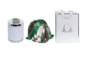 Limited Edition Candles: Cote Noire Belle Epoque scented Herringbone Candle with Scarf - White & Silver - Jewel Boxed Brooch - HCS06