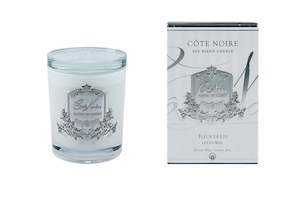 Cote Noire 450g Candle - White Vessel with Silver Badge  - Lily Flower