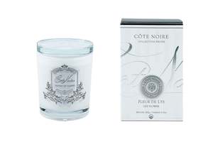 Cote Noire 185g Candle - White Vessel with Silver Badge - Lily Flower