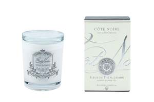 Cote Noire 185g Candle - White Vessel with Silver Badge - Jasmine Flower Tea