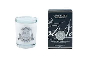 Cote Noire 185g Candle - White Vessel with Silver Badge - French Morning Tea