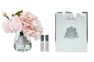 Cote Noire Tea Rose & Hydrangea Bouquet - Clear Tear Drop Glass - PINK - TRH03