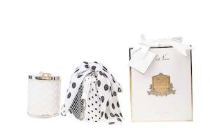 Cote Noire Lily Flower scented Herringbone Candle with Scarf - White & Gold - Lily Brooch