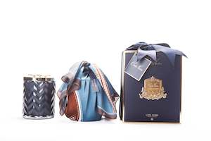 Herringbone Candles: Cote Noire Eau De Vie scented Herringbone Candle with Scarf - Navy & Gold - Dragonfly Brooch - HCG05