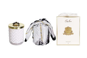 Limited Edition Candles: ** NEW ** Cote Noire Herringbone Candle with Scarf - White & Gold - Crown Brooch - Prosecco - HCG32