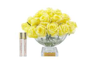 Cote Noire Luxury Centrepiece 37 Rose Bud Bouquet - Yellow & Gold Badge - CPRB08