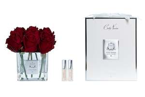 New Couture Range Square Boxed Rose Buds: Cote Noire Couture 9 Rose Buds - Square Clear Vase Silver & Red - SVS404