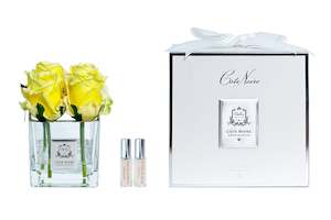 New Couture Range Square Boxed Rose Buds: Cote Noire Couture 4 Rose Buds - Square Clear Vase Silver & Yellow - SVS905