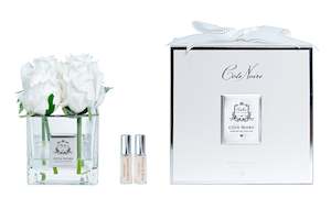 New Couture Range Square Boxed Rose Buds: Cote Noire Couture 4 Rose Buds -Square Clear Vase Silver & White - SVS401