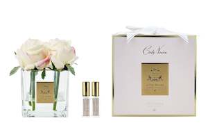 New Couture Range Square Boxed Rose Buds: ** LIMITED ** Cote Noire Couture 4 Rose Buds - Square Clear Vase Gold & Pink Blush - SVC402