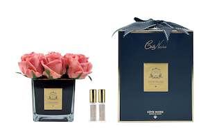 Cote Noire Couture 9 Rose Buds - Square Black Vase Gold & Peach - SVB905