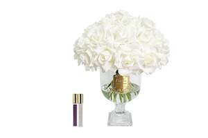 Versailles Rose Bouquet: Cote Noire Versailles French Rose Bouquet - White with Gold Badge - VRB11