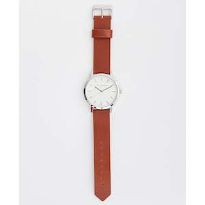 Polished Steel White Face Tan Band Watch