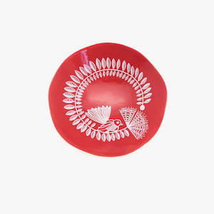 Fantail & Pohutukawa Bowl 7cm White Print on Red