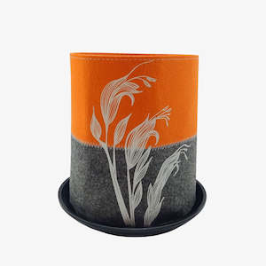 Harakeke Flower Ecofelt Grow Bag White Print on Orange/Grey