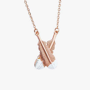 Crossed Huia Feather Necklace Rose Gold