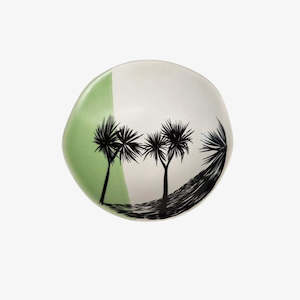 Cabbage Tree Bowl 7cm Black Print on White Dipped Green