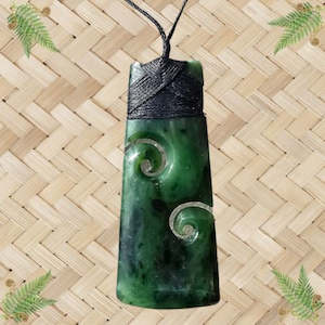 NZ Greenstone Toki with 2 Koru Pendant - 70mm