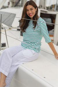 Breton Short Sleeve Stripe Top | White Base + Green