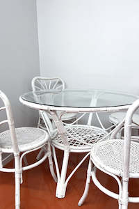 Vintage White Cane Dining Table and  Rattan Chairs