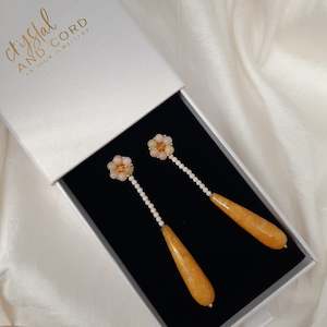 Giavanna - hand beaded stud and yellow Jade long cascading teardrop earrings