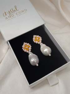 Aimee - hand beaded stud earrings and baroque freshwater pearl drop