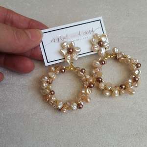 Claudia Special - Blush beige freshwater pearls flower shaped stud hoop earrings