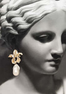 Clarissa - golden orchid shape flower and cascading pearl drop earrings