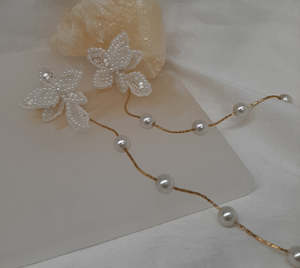 Amanda - lace and tiny seed beads flower shaped stud and pearl cascading earrings