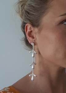 Paige - teardrop crystal pearl beads and sterling silver stud long cascading earrings